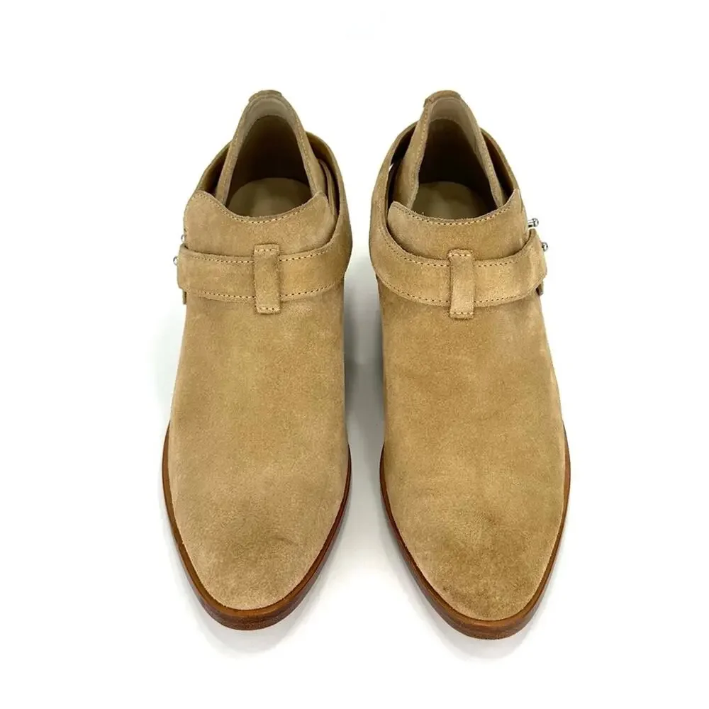 Rag & Bone Harley Women Tan Moto Bootie Size 7 Italian Suede Belted Block Heel